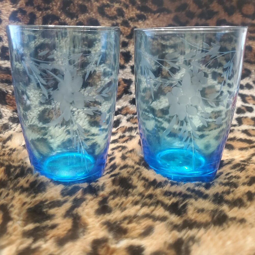 BLUE SKETCHED FLOWER VINTAGE GLASSES (2)